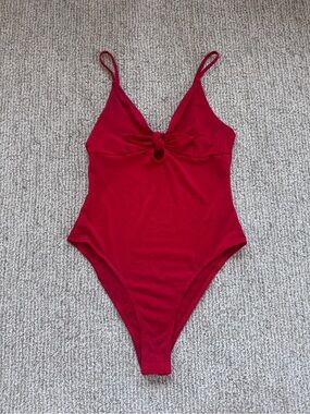Divided Cherry Red Knot-Detail Bodysuit